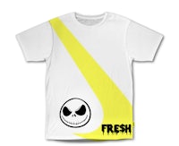 a white and yellow t - shirt with a skull and crossbones on it